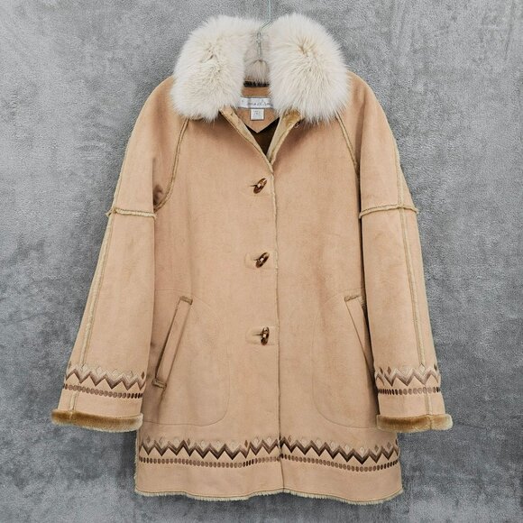 1 Madison Coat S Tan Brown Fox Fur Suede Feel Penny Lane Boho Toggle Embroidered